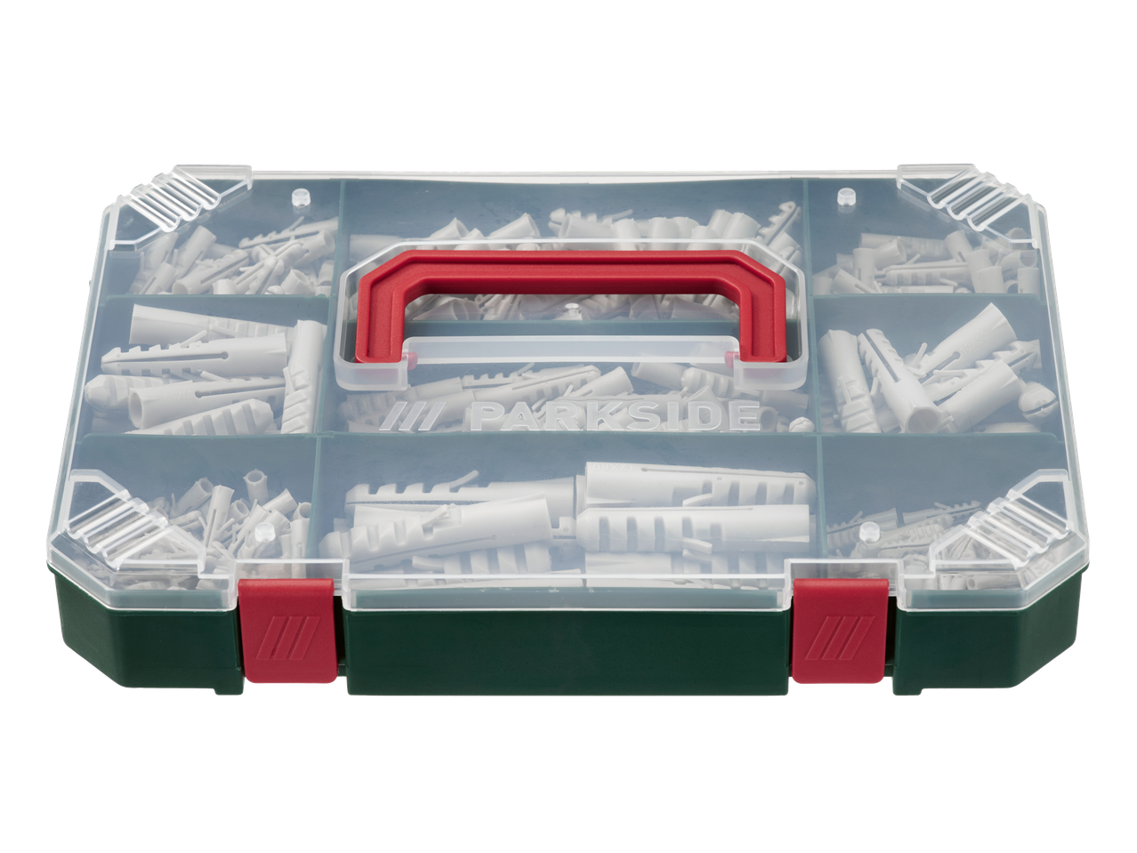 Caixa organizadora com buchas de parede de vários tamanhos, com pega vermelha e fechos.