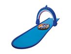 Inflatable shark water slide with an orange and blue inflatable ring.