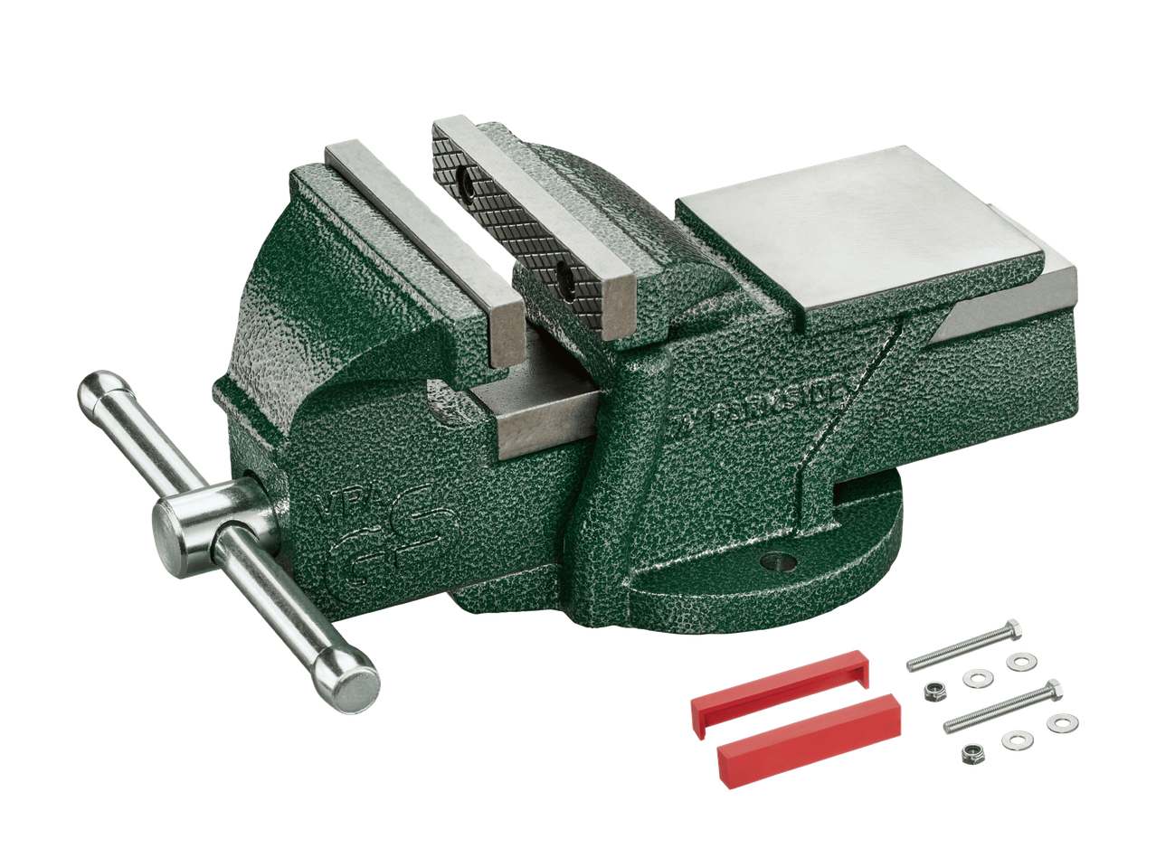 Grüner Schraubstock mit Backen, Griff, roten Schutzbacken und Befestigungsschrauben.