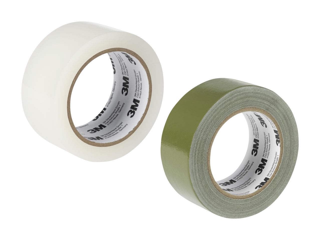 To ruller tape, en gennemsigtig og en grøn, med 3M-logoet synligt på kernerne.