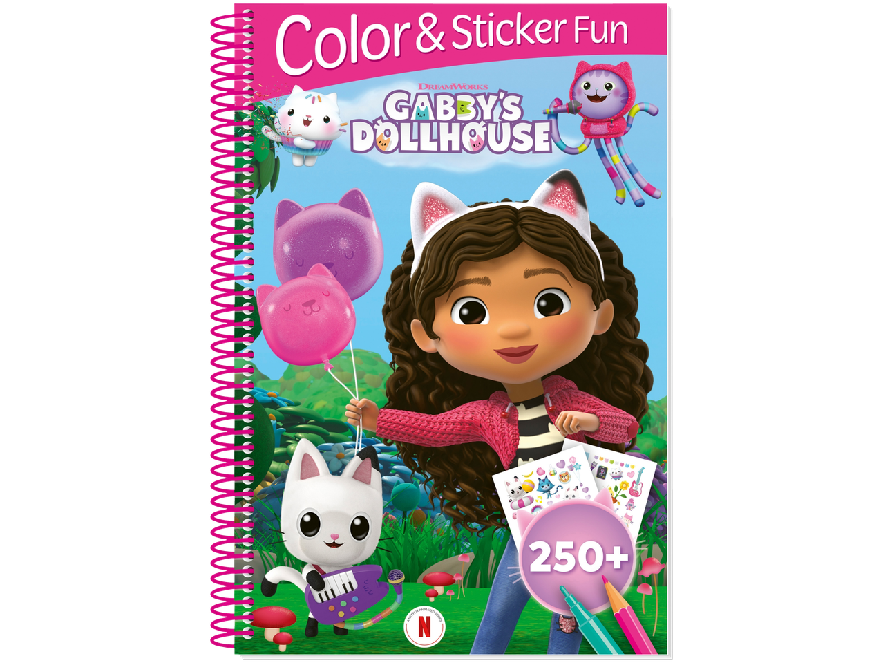 Gabby's Dollhouse coloring book and stickers; 250+ stickers.