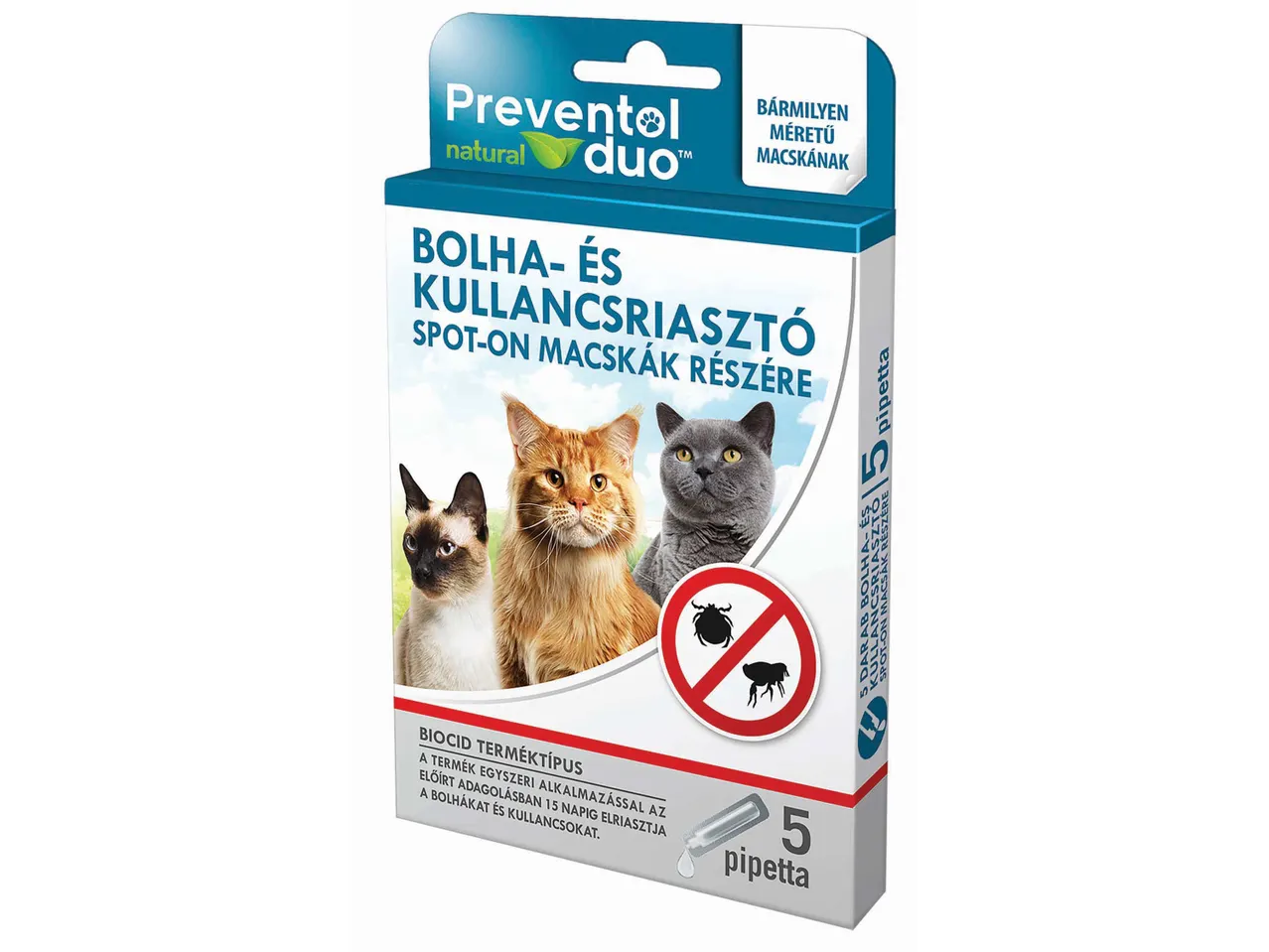 Preventol Duo bolha- és kullancsriasztó spot-on macskáknak, 5 pipettával.