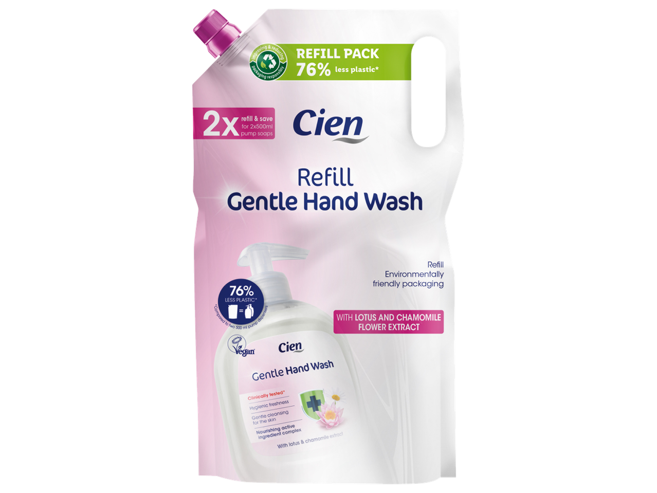 Cien folyékony kézmosó, 1L utántöltő csomag 76% kevesebb műanyaggal.