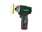 Cordless polisher with a white and yellow polishing pad attached to the front.