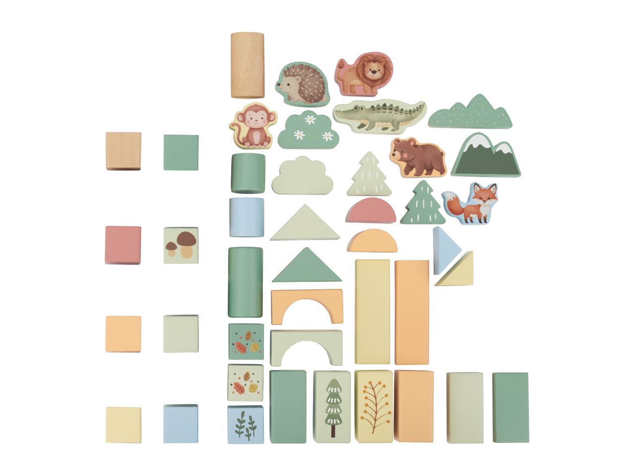 Wooden building blocks and animal figures in pastel colors, including a hedgehog, lion, crocodile, monkey, bear, and fox.