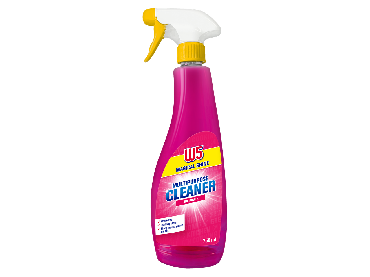 Nettoyant multi-usage W5 Magical Shine dans un flacon pulvérisateur rose, 750 ml.