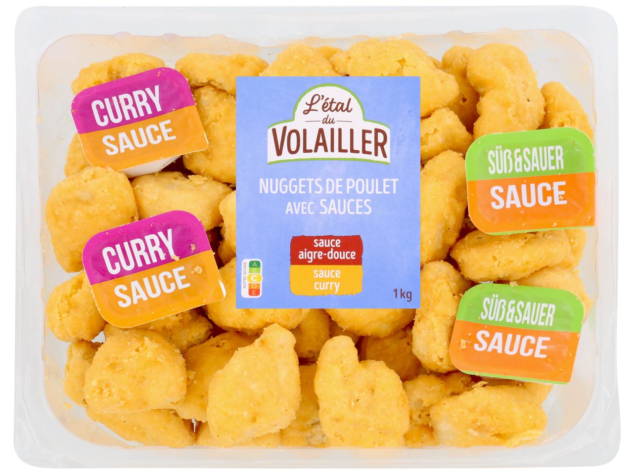 Poulets panés volailler avec sauces curry et miel.