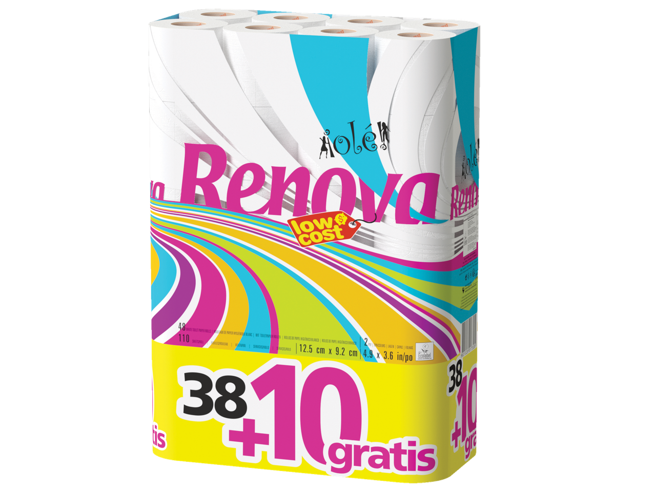 Papel higiênico Renova, preço baixo: 38 rolos + 10 grátis.