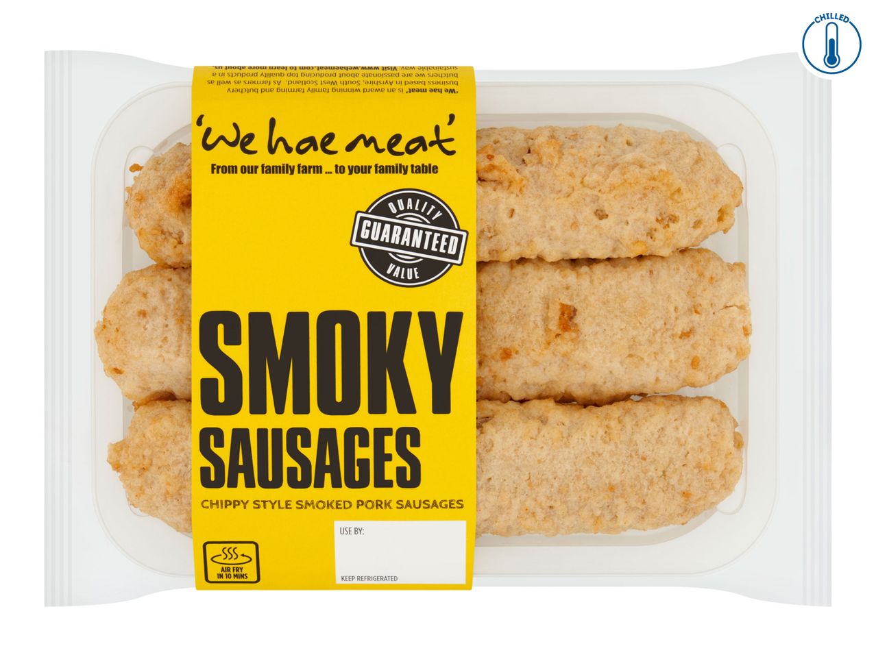 Smoky Sausages by 'We hae meat' in a clear plastic tray with a yellow label.