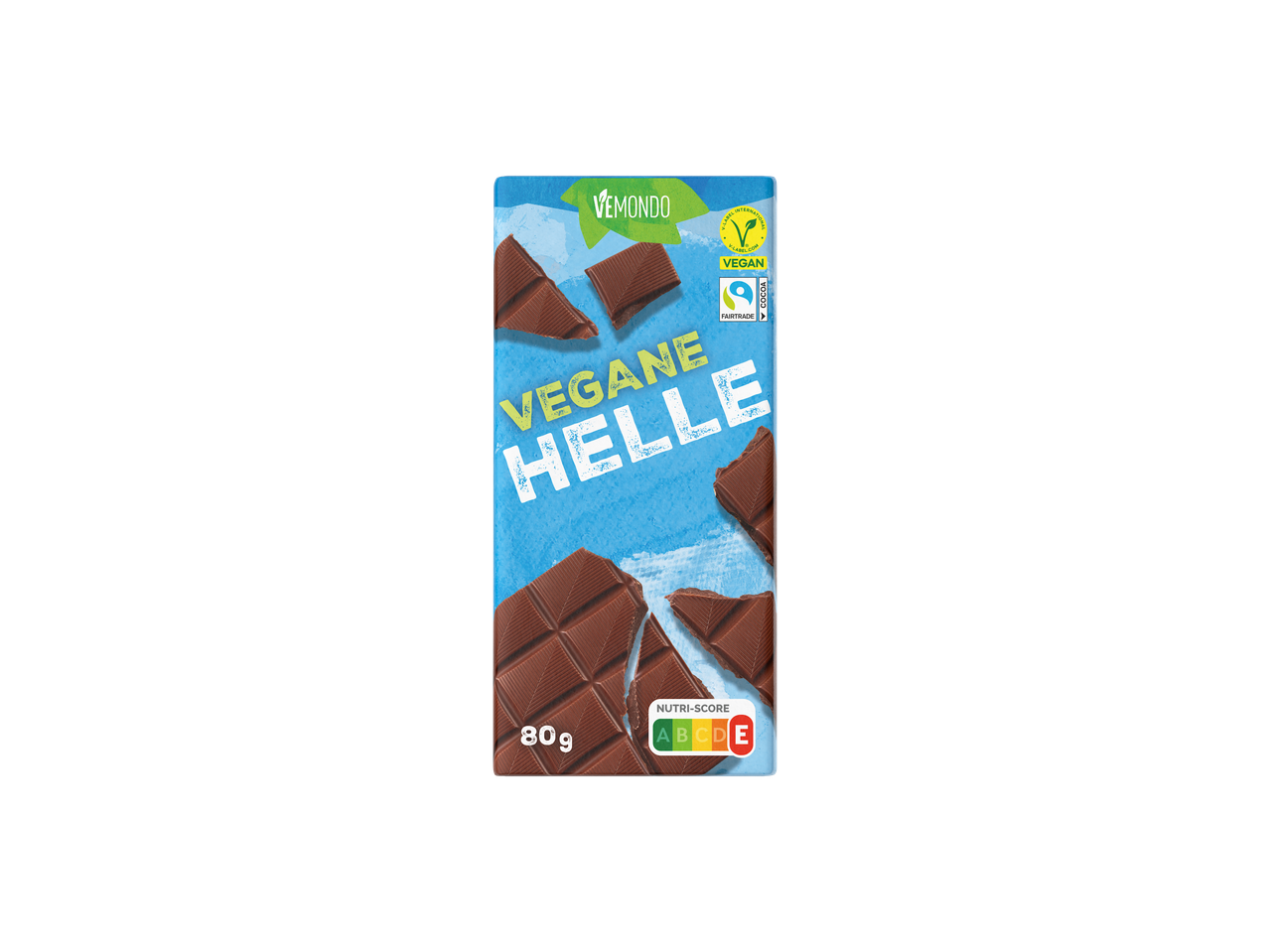 VEMONDO vegane Schokoladentafel mit blauem Hintergrund, zeigt Nutri-Score E und 80g.