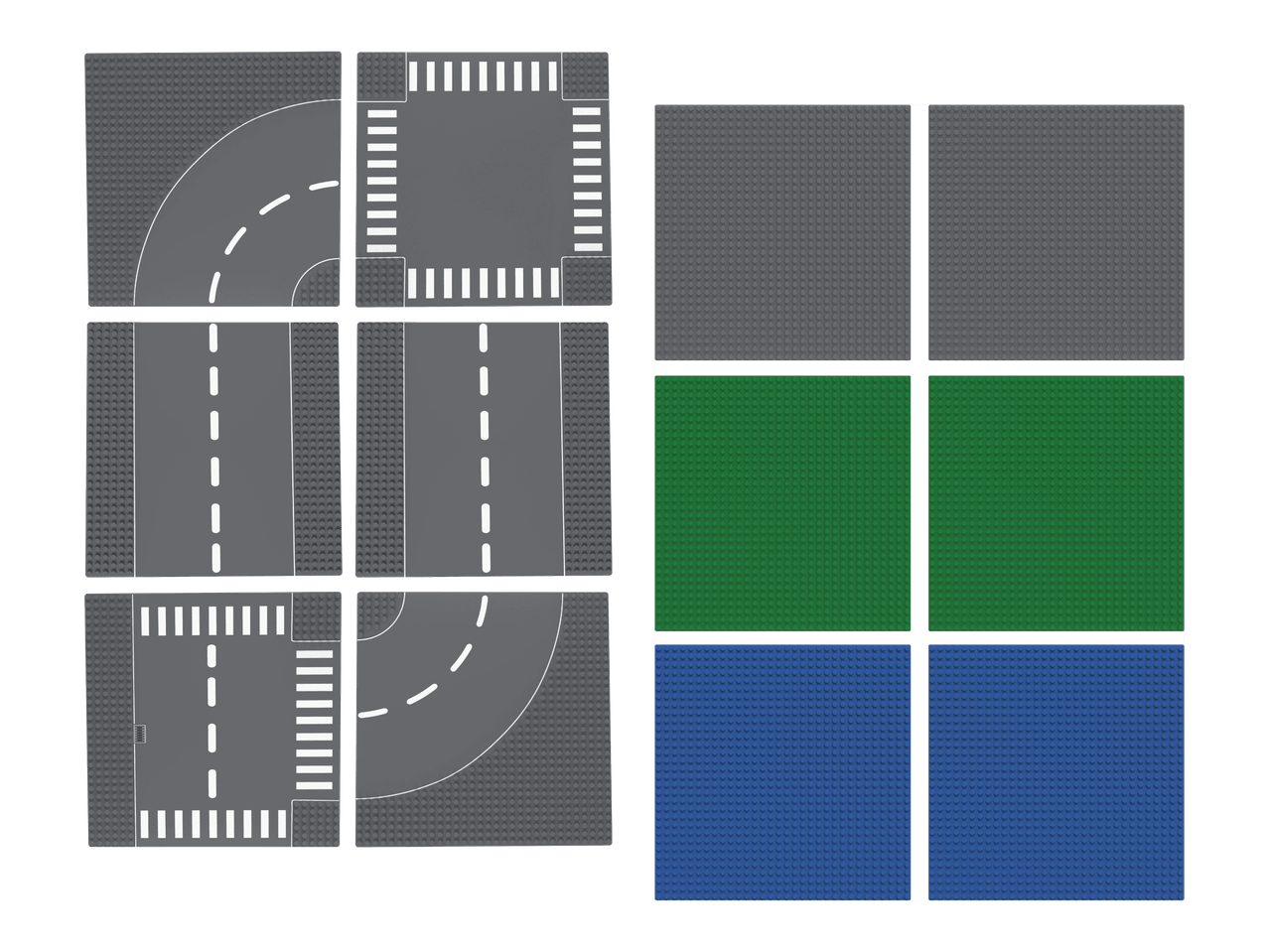 Lego-tyylisiä rakennuslevyjä, joissa on teitä, risteyksiä ja vihreitä sekä sinisiä laattoja.