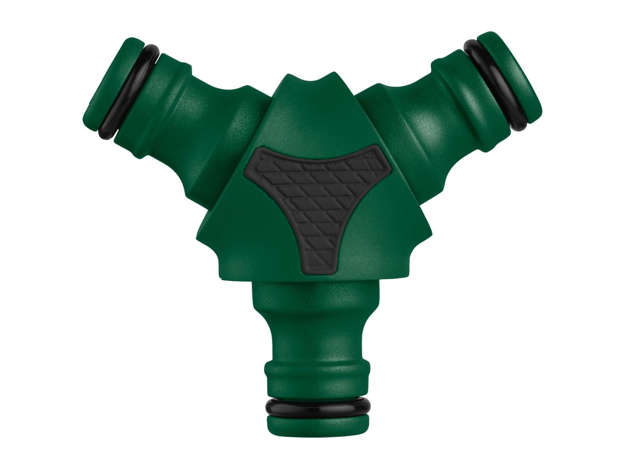 Green three-way hose splitter with black rubber grips.