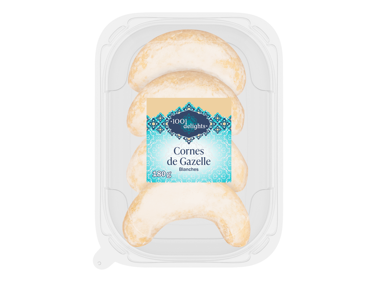 Boîte de Cornes de Gazelle Blanches, 180g, avec un motif oriental bleu.