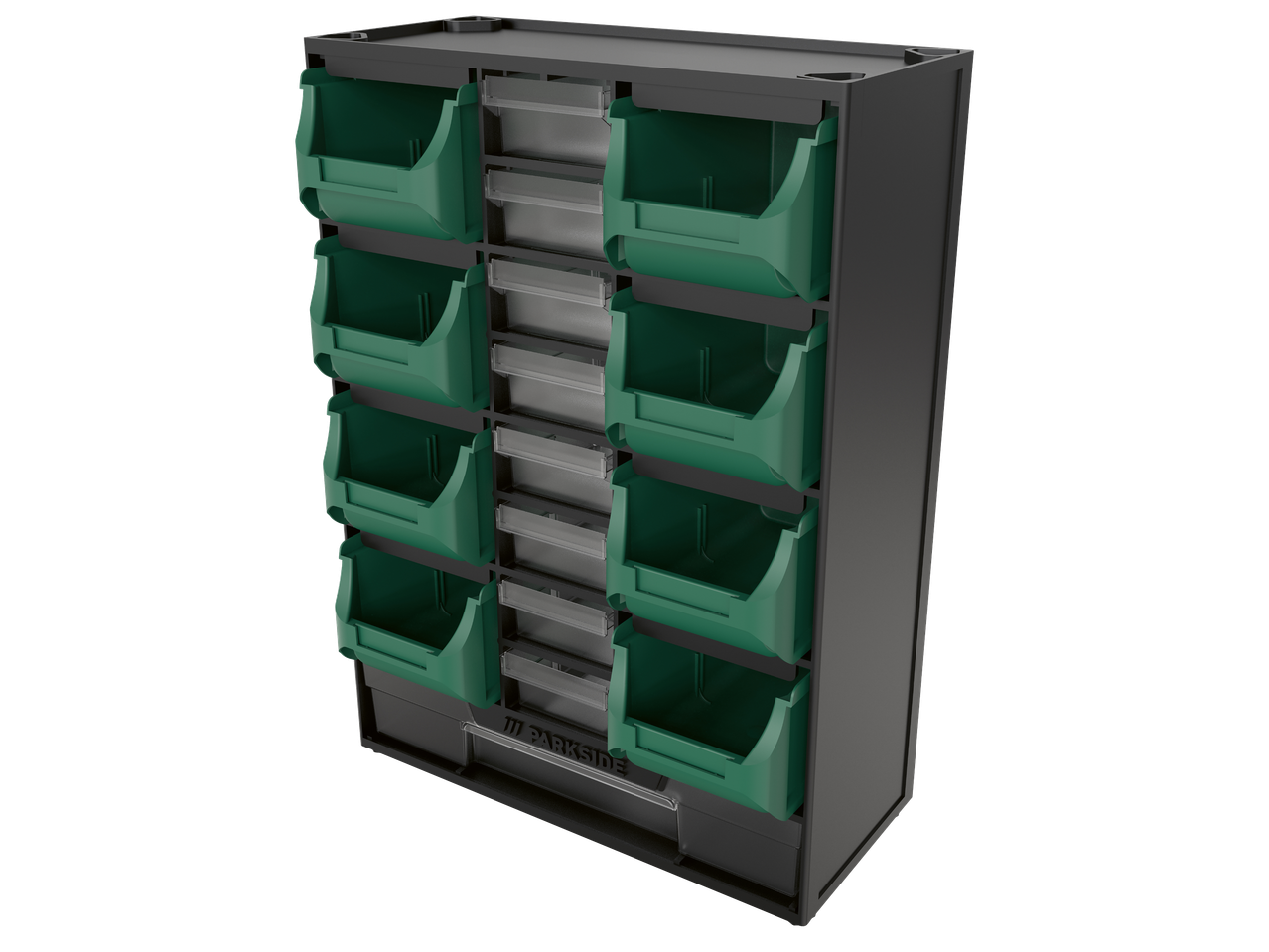 Органайзер за съхранение на инструменти Parkside с 8 зелени кутии и 8 прозрачни чекмеджета.