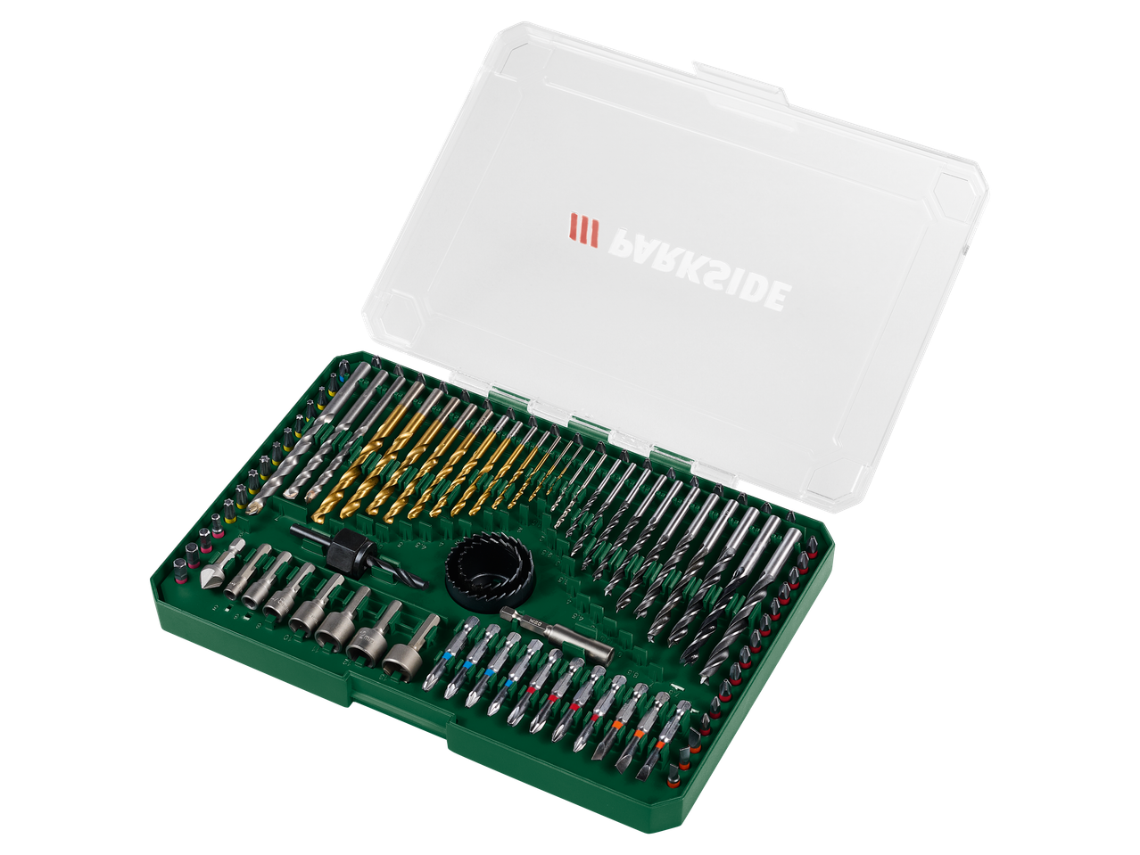 Parkside® set burgija, bitova i krunskih testera u zelenoj kutiji.