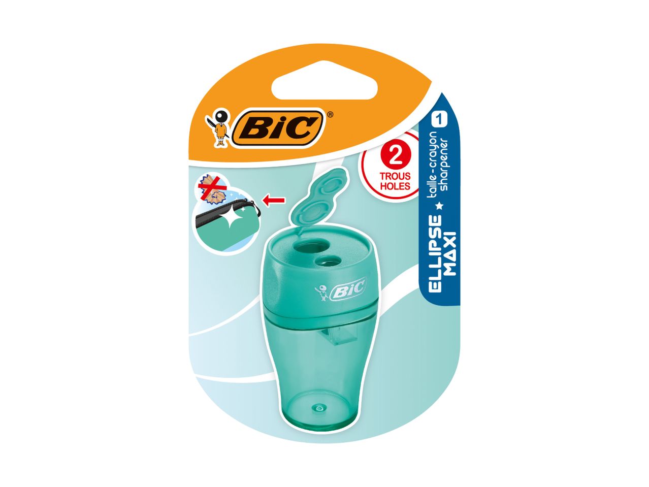 A teal BIC pencil sharpener with a flip-top lid is shown in its packaging.