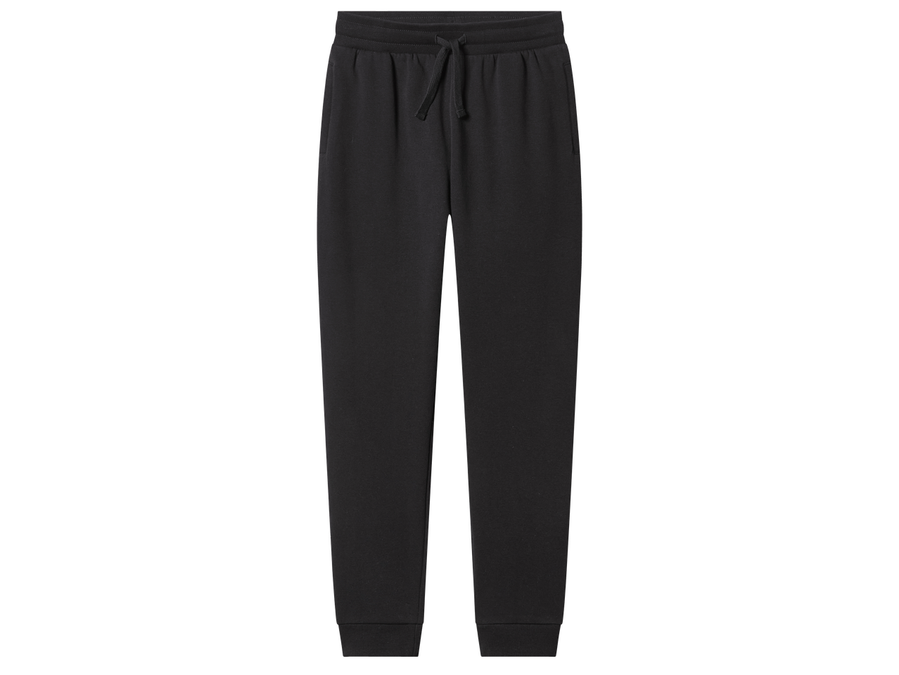 Черни спортни панталони с връзки на талията и ластици на глезените.