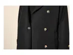 Close-up of a black double-breasted coat with light-colored buttons.