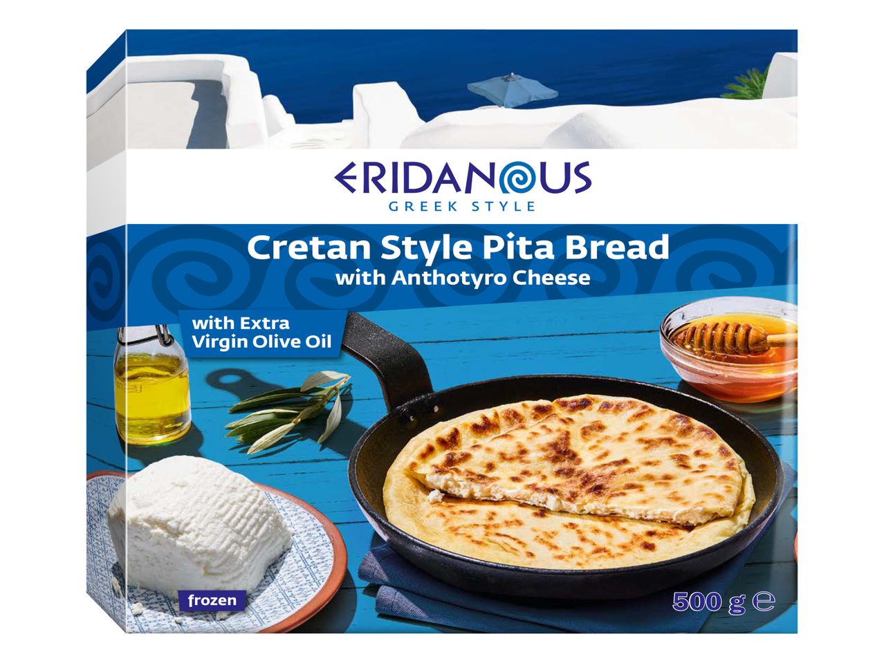 Zamrznjen grški kruh pita po kretskem receptu z Anthotyro sirom in ekstra deviškim oljčnim oljem, blagovna znamka Eridanous.