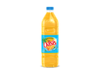 Oranje frisdrankfles met blauwe dop en een etiket met sinaasappels en een palmboom.