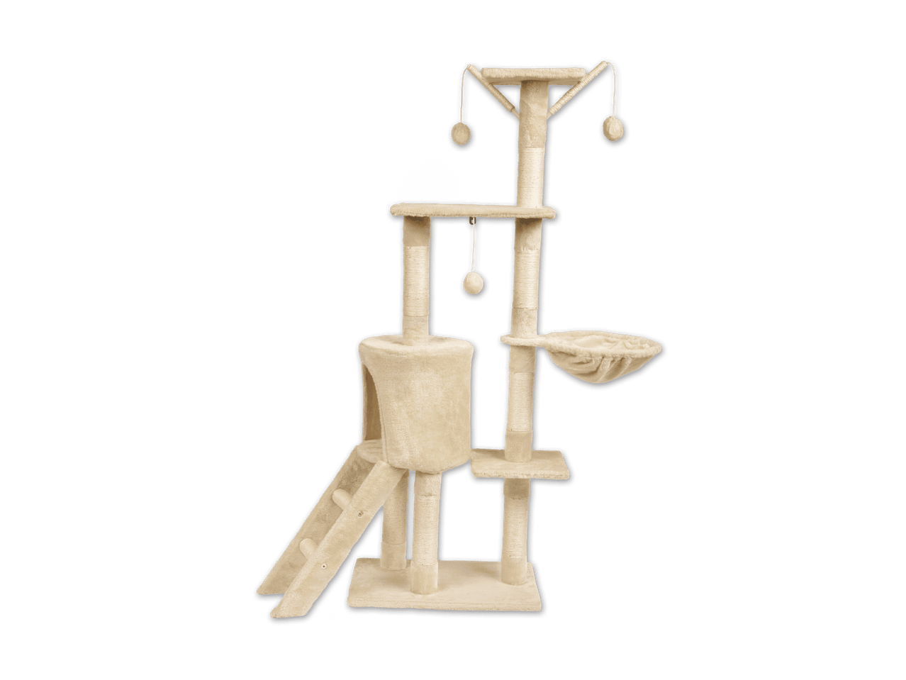 Beiger Katzenkratzbaum mit mehreren Ebenen, Höhle, Hängematte, Kratzstangen und Spielbällen.