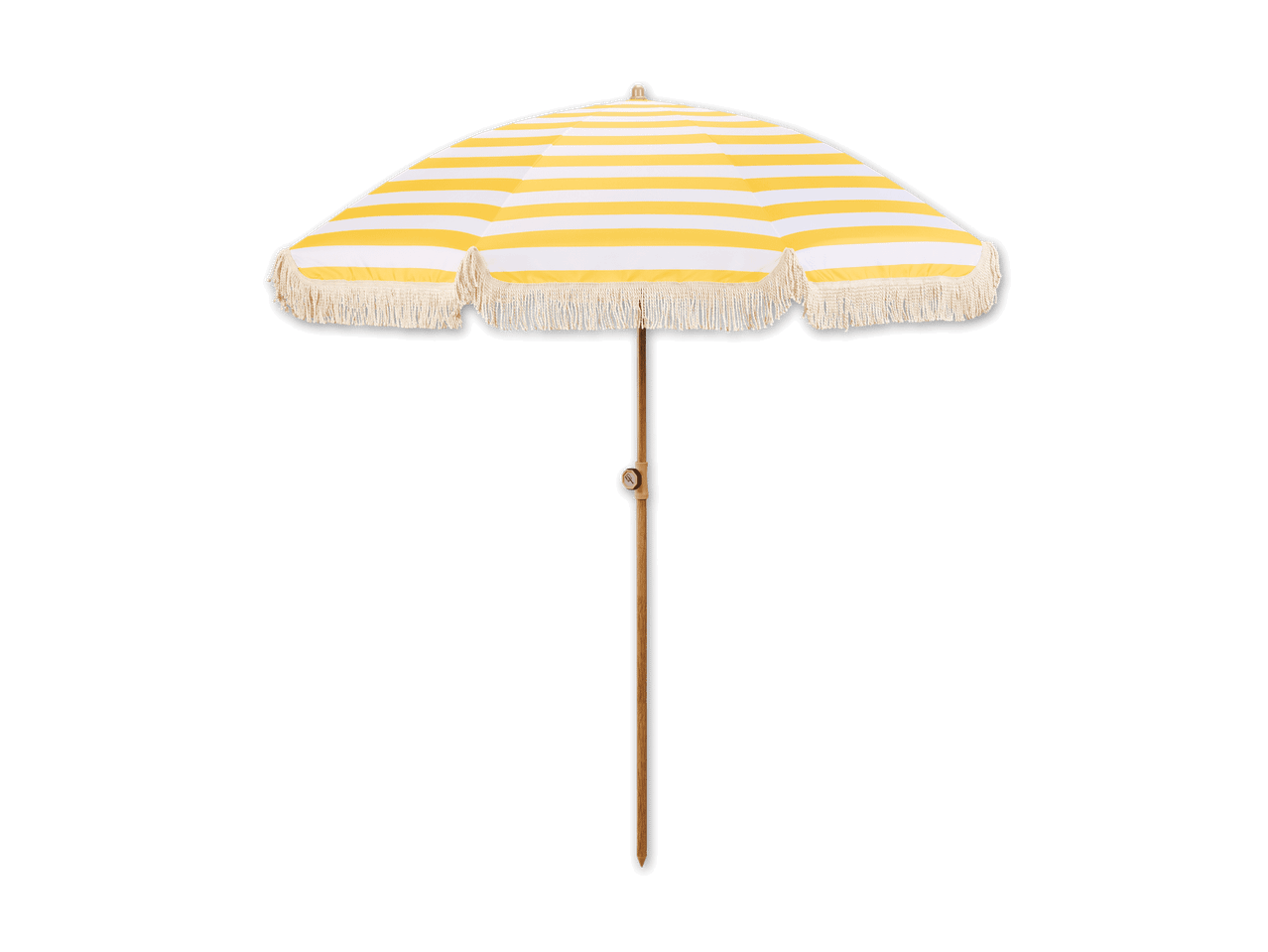 Gelb-weiß gestreifter Sonnenschirm für den Strand oder Garten.