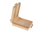 Open wooden artist's easel box with compartments and a handle.