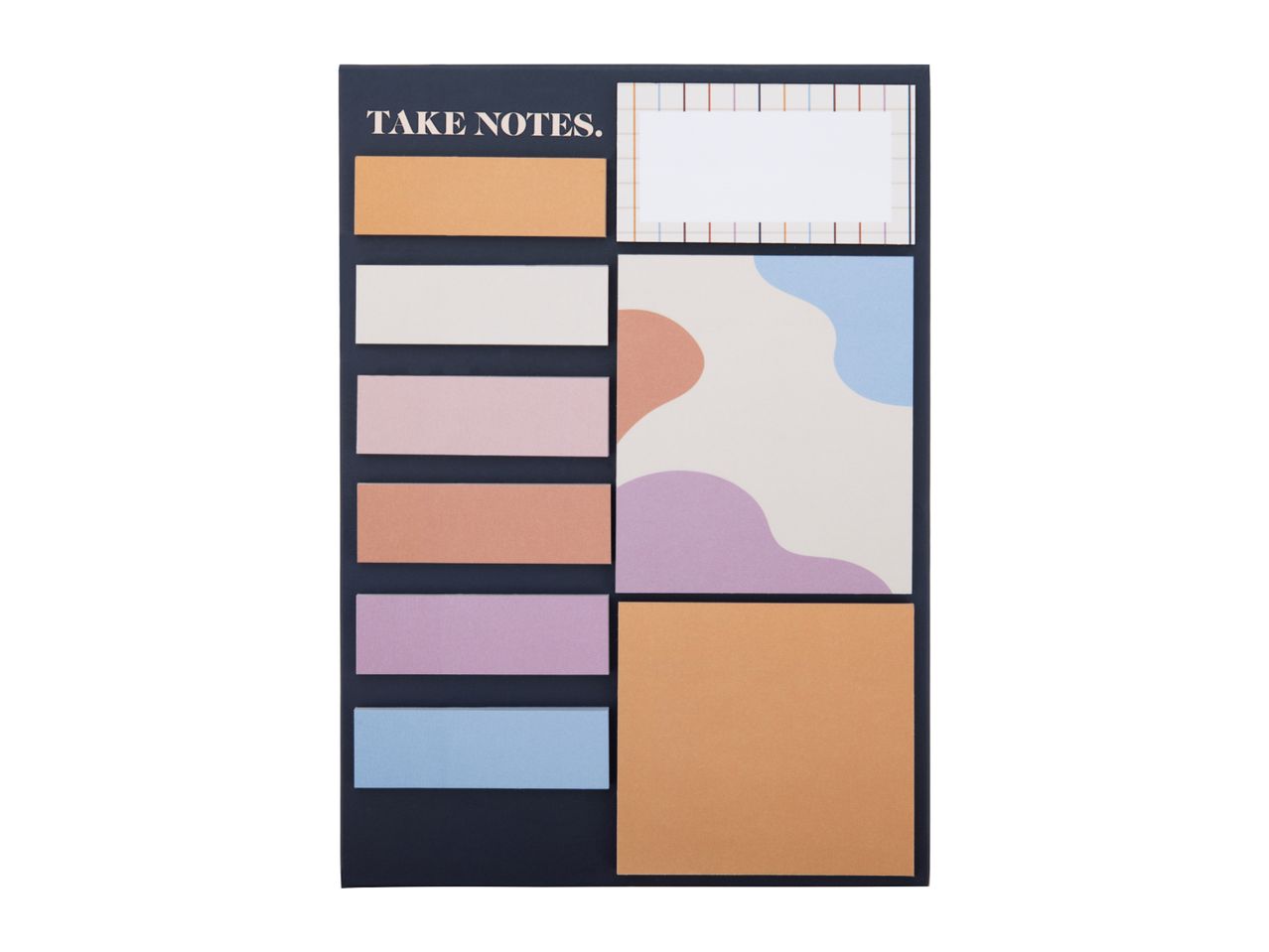 A set of sticky notes in various colors and patterns, with the text 'TAKE NOTES.'