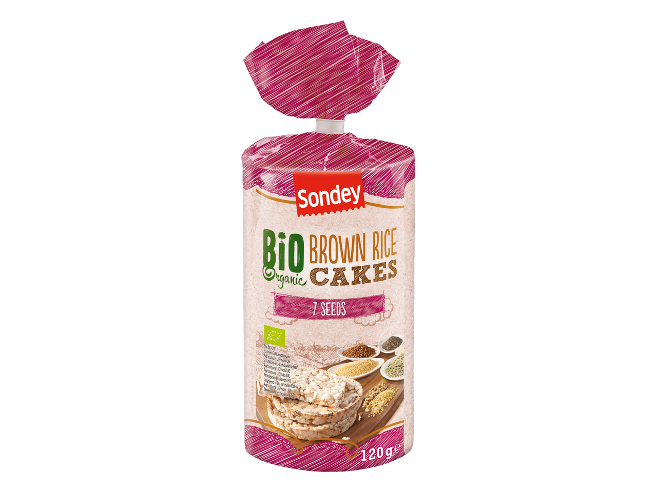 Pachet de rondele de orez brun organic Sondey cu 7 semințe, 120g.