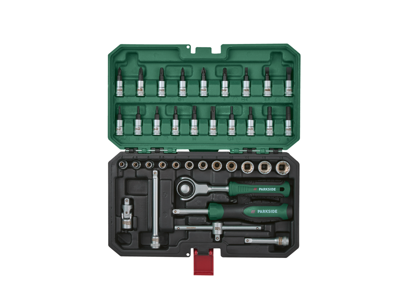 Socket wrench set with ratchet and screwdriver bits in an open case.