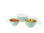 Three mint salad bowls with white lids, two full of salad.
