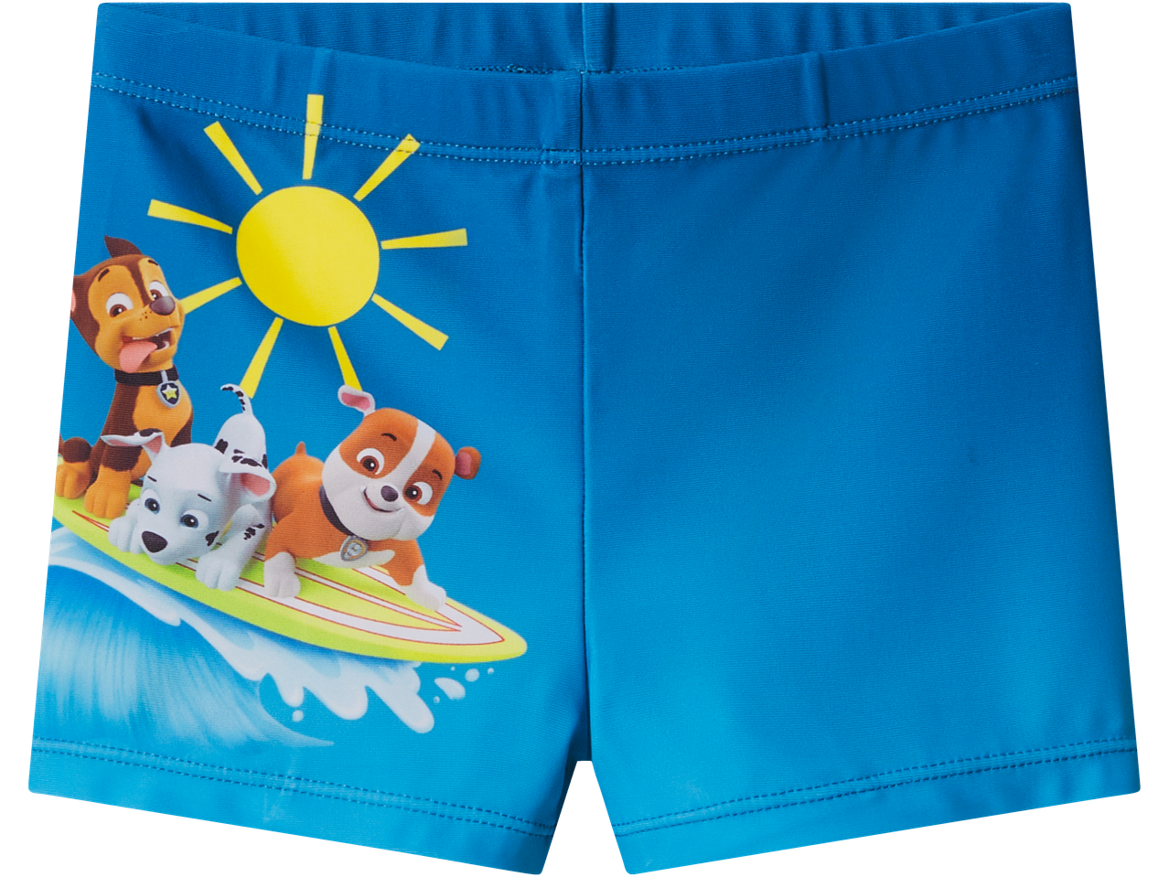 Calções de banho com estampado da Patrulha Pata a surfar sob o sol.