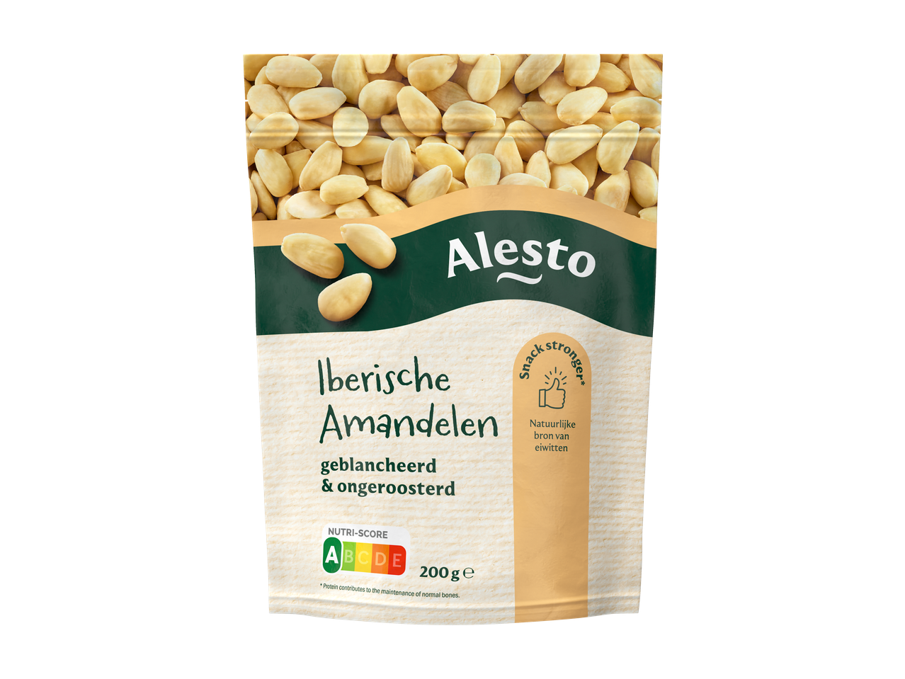 Alesto Iberische Amandelen, geblancheerd & ongeroosterd, 200g verpakking met Nutri-Score A.