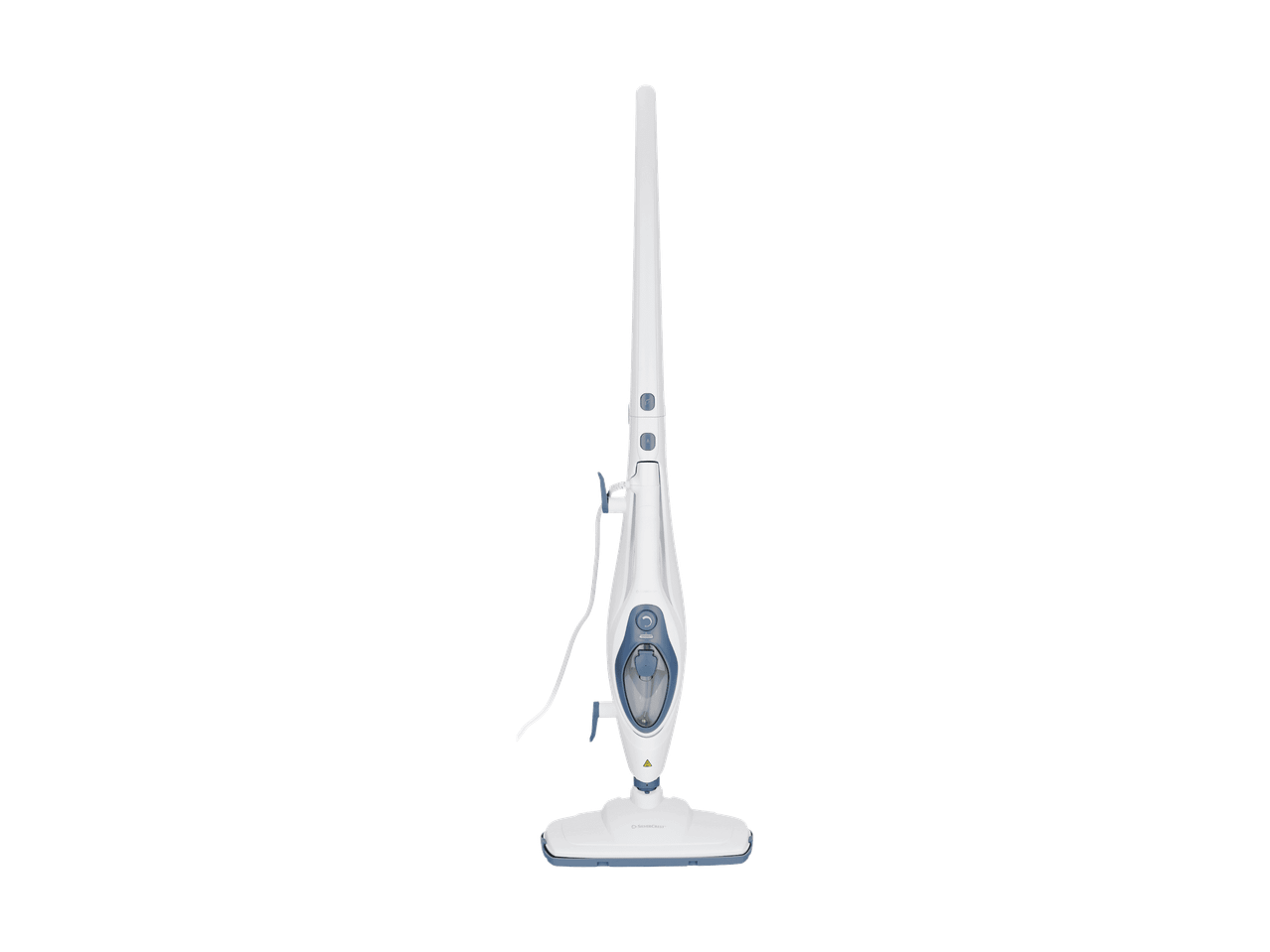 Balai vapeur blanc et bleu avec réservoir d'eau transparent et cordon d'alimentation.