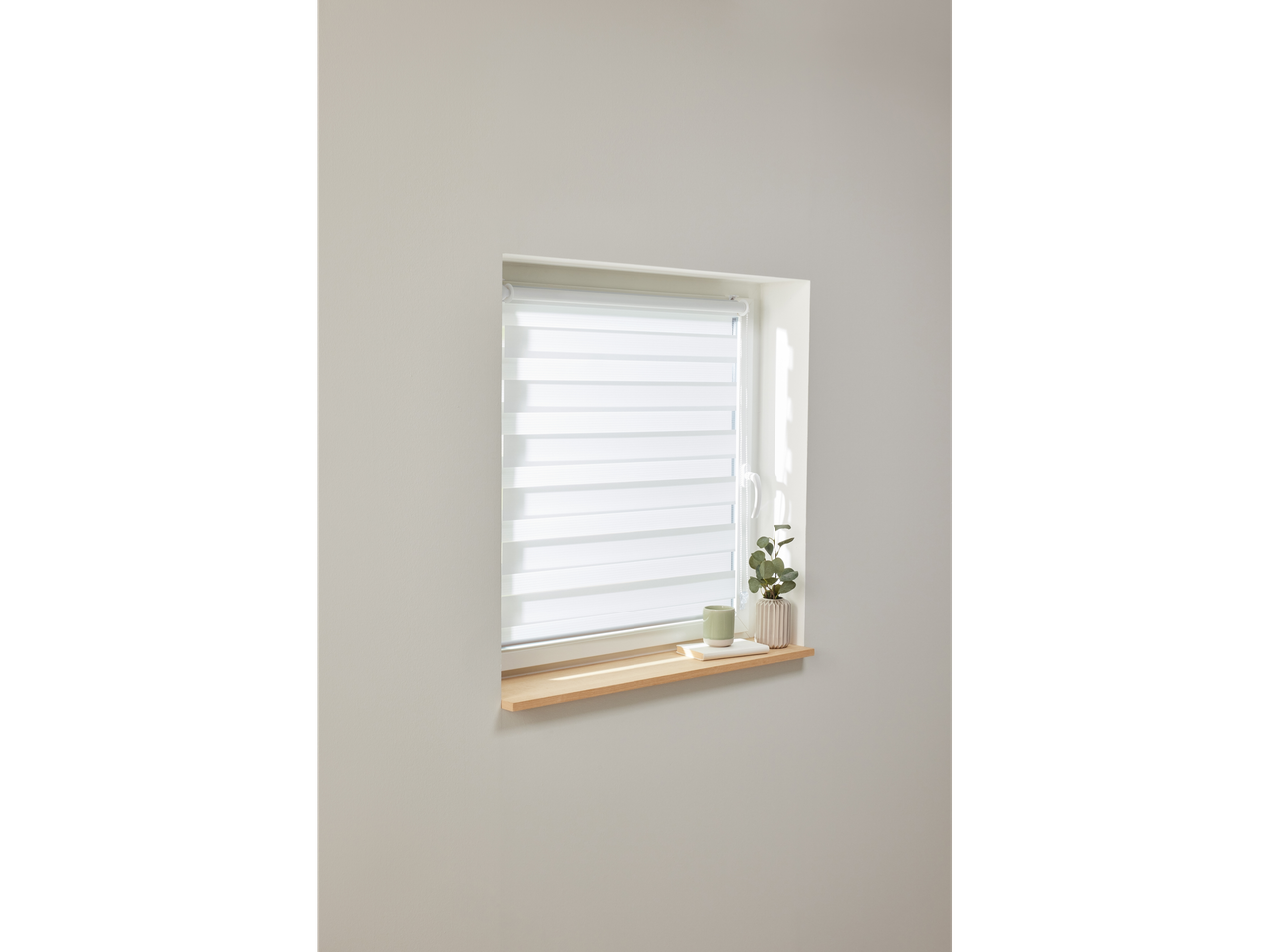 Bijele rolete na prozoru, na prozorskoj dasci lonac s biljkom.