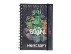Spiral notebook with a dark cover featuring pixelated Minecraft characters and the word 'BOOM'.