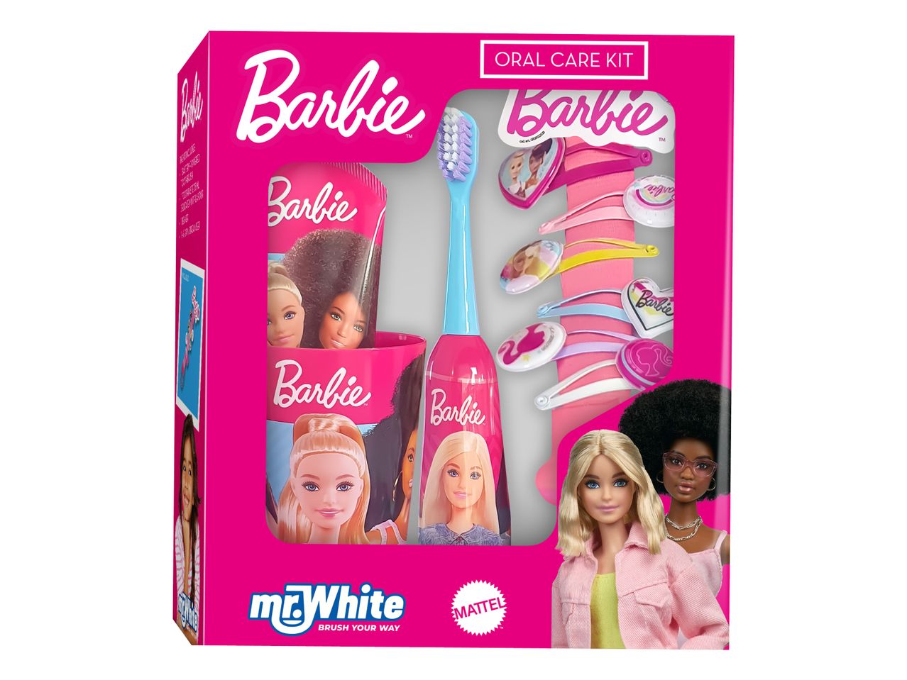 Otroški komplet za ustno higieno Barbie z zobno ščetko in pasto Mr. White.