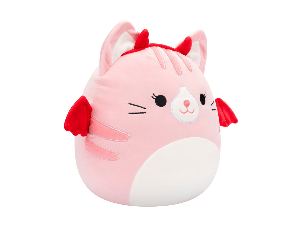 Pink cat plush with red devil horns and wings