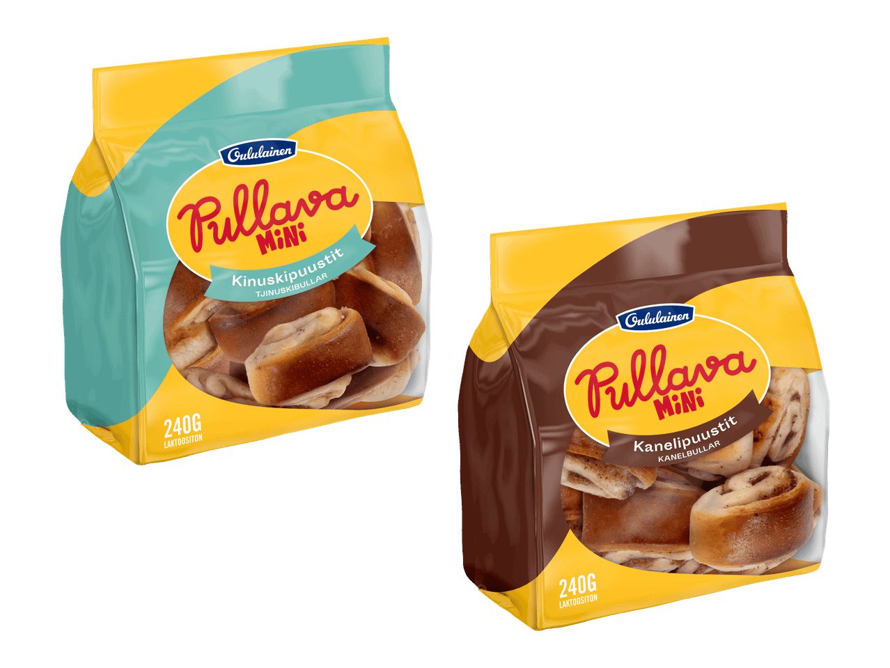 Kaksi pussia pullia: toinen kinuskipullia ja toinen kanelipullia, molemmat 240g.