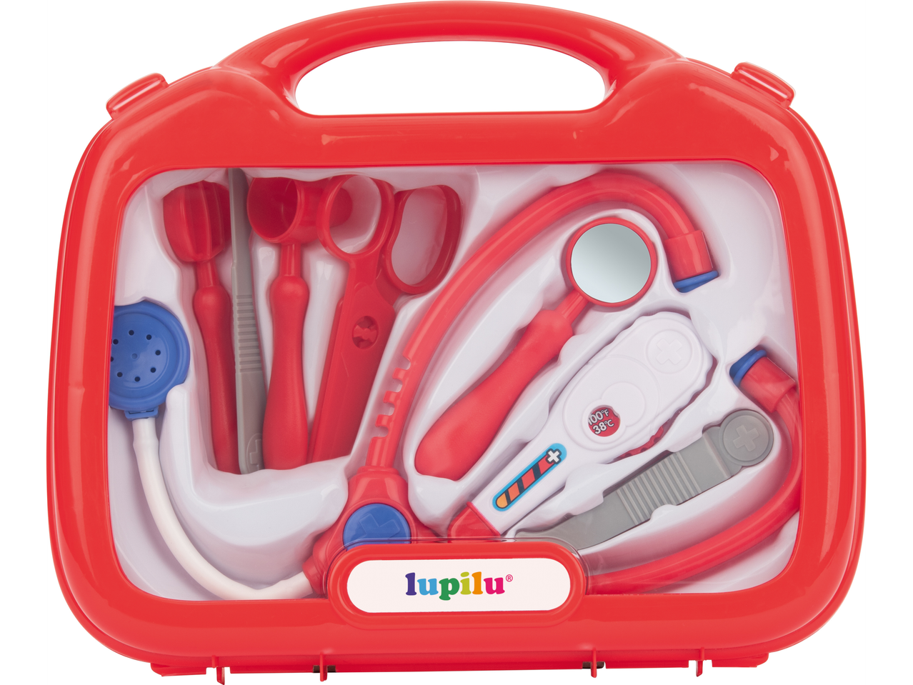 LUPILU® ārsta komplekts ar sarkanu korpusu un medicīniskām rotaļlietām.