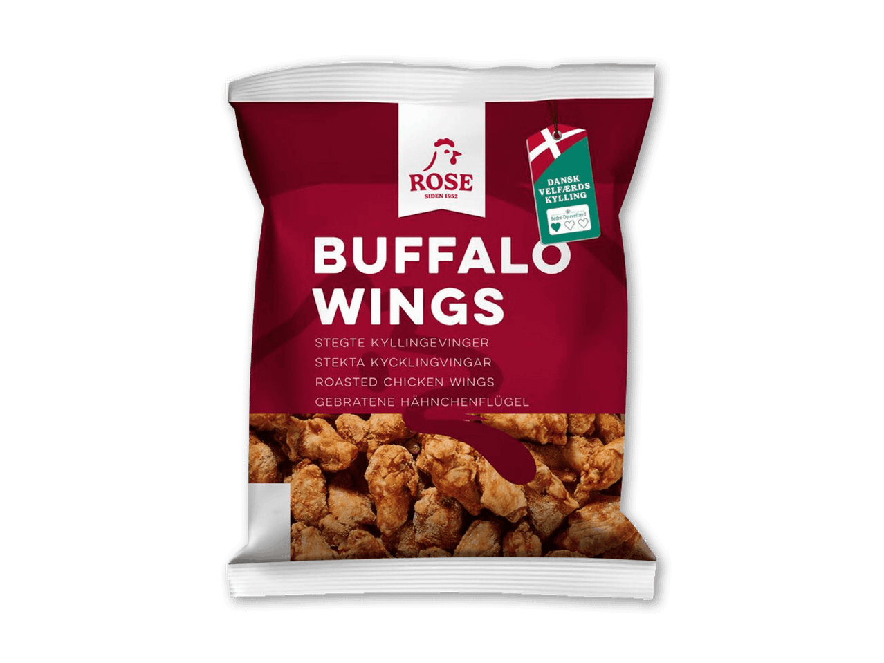 Pose med buffalo wings, stegte kyllingevinger, med tekst på dansk, svensk, engelsk og tysk.
