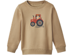 Camisola bege infantil com estampa de trator vermelho e cão.