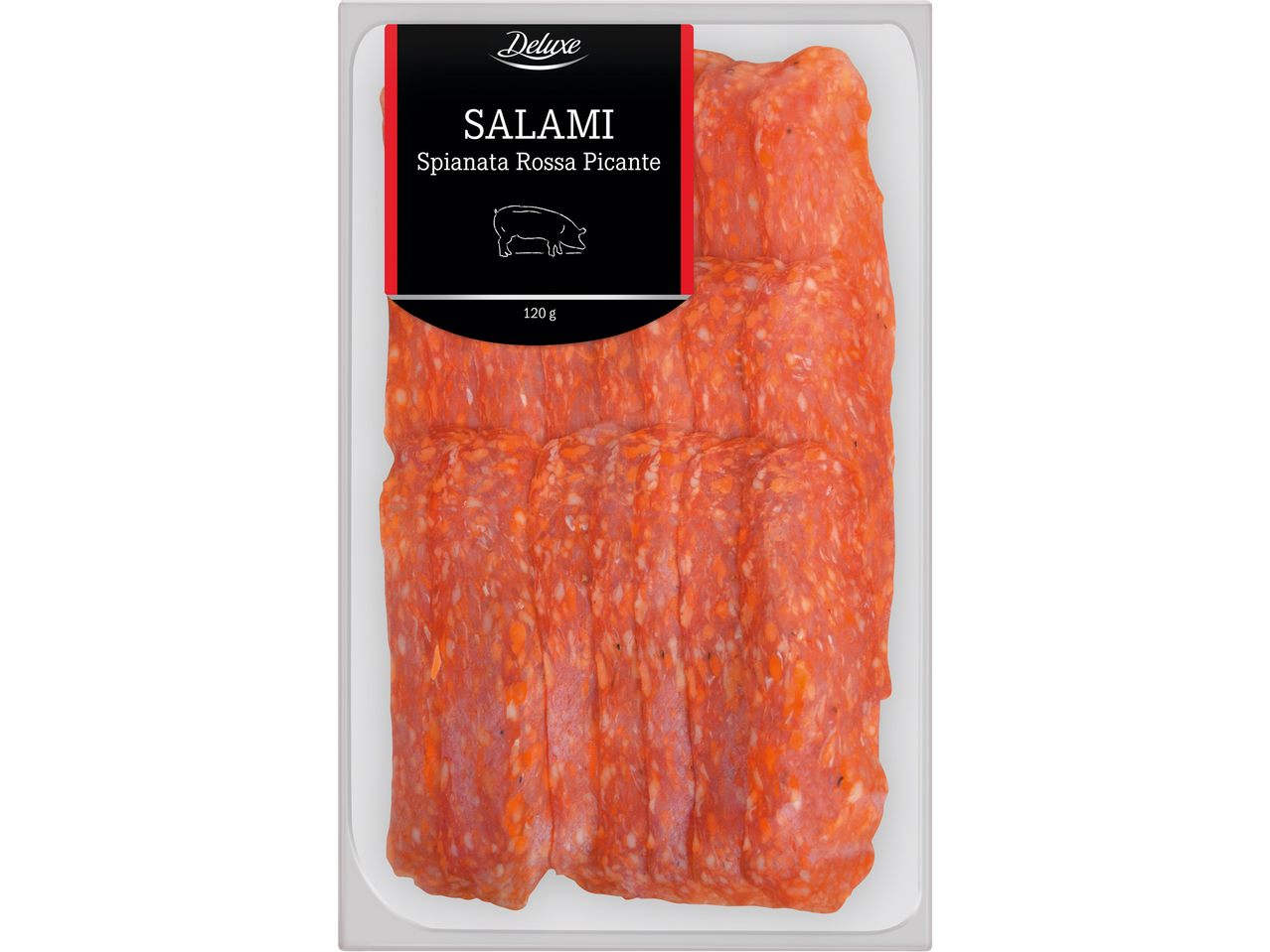 Förpackning med skivad salami, Spianata Rossa Picante, 120 g