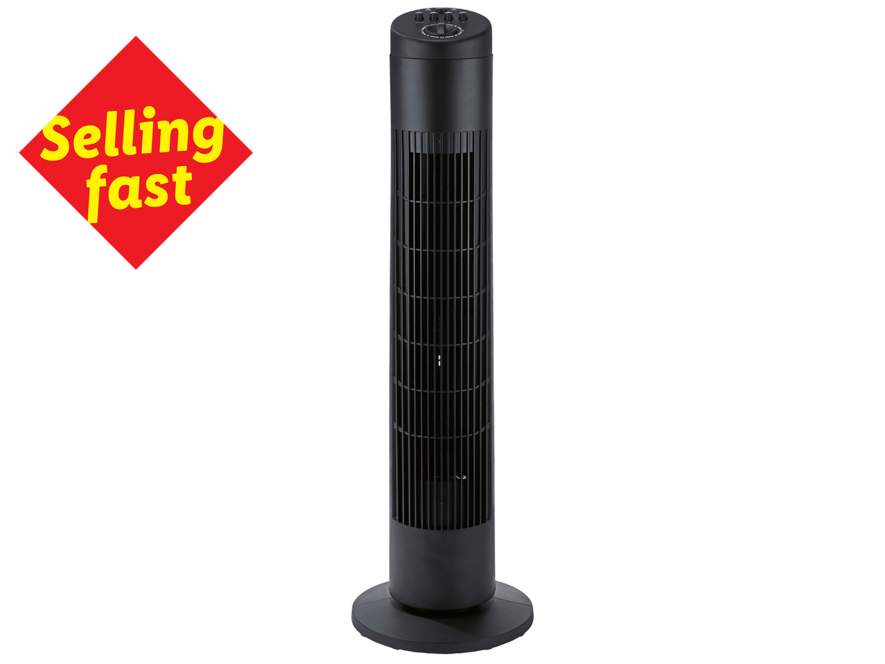 Black tower fan with a red 'Selling fast' label.