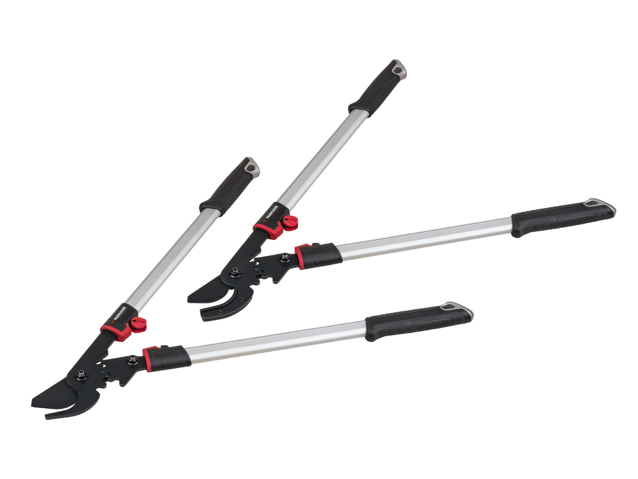 Trije pari škarj za obrezovanje z dolgimi ročaji in rdečimi poudarki.