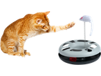 Gato ruivo a brincar com brinquedo ZOOFARI com rato na mola e bola vermelha.