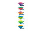 Seven colorful diamond-shaped spinning tops.
