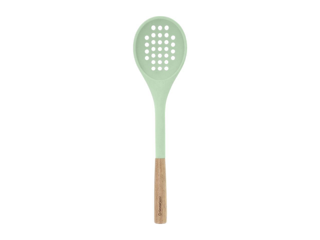 Light green slotted spoon with a wooden handle