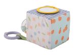 Baby activity cube with mirror, floral, striped, and orange patterns, and a teether.