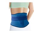 Woman from behind wearing a blue back support belt and light green top.